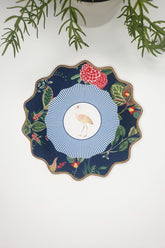 Navy Blue Embroidered Edge Fabric Cocktail Napkin with Botanical Flower and Stork Design, 1 Piece