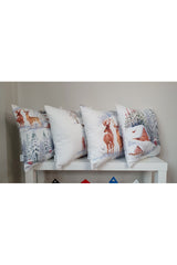 White Cushion Cover with Watercolor Deer and Snow Pattern