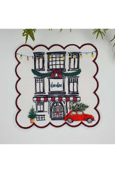 El Çizimi Yılbaşı Dükkan Temalı Nakış Kenar Kumaş Kokteyl Peçetesi 1 Adet