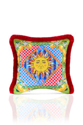 Sole di Sicilia Güneş Desenli Yeşil Tasarımlı Saçaklı Kadife Kırlent Kılıfı - 43x43cm