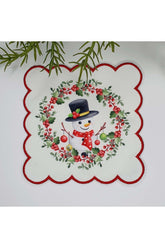 Happy Snowman and Cocktails Designed Embroidered Edge Fabric Cocktail Napkin 1 Piece