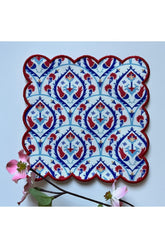 Kırmızı Nakışlı Çini Desenli Dijital Baskılı, Kenarı Kırmızı Nakışlı Dekoratif Kokteyl Peçeteleri