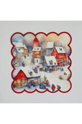 El Çizimi Yılbaşı Kasaba Desenli Kenarı Nakışlı Kokteyl Peçetesi