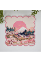 Pink Sun and Japanese Landscape Patterned Digitally Printed Fabric Cocktail Napkin with Embroider Around 1 Piece