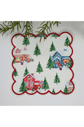 Watercolor Snow View Houses and Trees Patterned Embroidery Edge Fabric Cocktail Napkin 1 Piece