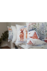White Cushion Cover with Watercolor Deer and Snow Pattern