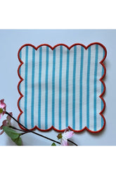 Mint Çizgi Desenli Dijital Baskılı, Kenarı Mercan Nakışlı Dekoratif Kokteyl Peçeteleri