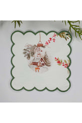 Sulu Boya Yılbaşı Küre Desenli Dijital Baskılı Kenarı Yeşil Nakışlı Kokteyl Peçetesi