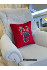 Plaid Deer Head Applique Embroidery Patterned Velvet Cushion Cover Red