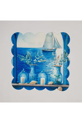Watercolor Deep Blue Seascape Digitally Printed Laser Cut Cocktail Napkin