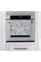 Laser Cut Fabric Oven Cover with Watercolor Blue Geometric Patterns and Lobster Design
