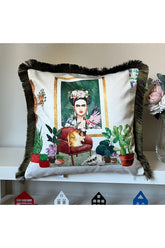 Watercolor Cute Kitten and Mexican Woman Portrait Patterned Digital Printed Velvet Cushion Cover