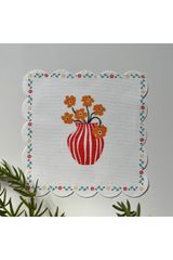 Orange Vase Edged Floral Border Patterned Cocktail Napkin Fabric