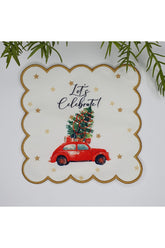 Kırmızı Araba Yılbaşı Ağacı ve Slogan Tasarımlı Nakış Kenar Kumaş Kokteyl Peçetesi 1 Adet