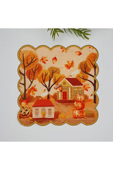 Autumn Themed Orange Patterned Digitally Printed Embroidered Cocktail Napkin