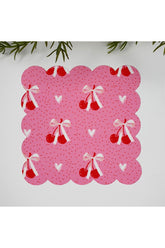 Pembe Zemin Kiraz ve Beyaz Kurdele Desenli Dekoratif Kumaş Kokteyl Peçetesi 1 Adet