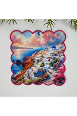 Watercolor Santorini View Embroidered Edge Cocktail Napkin 1 Piece