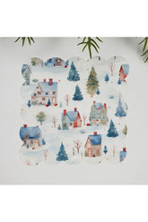 Sulu Boya Evler ve Ağaç Manzaralı Lazer Kesim Kumaş Kokteyl Peçetesi 1 Adet