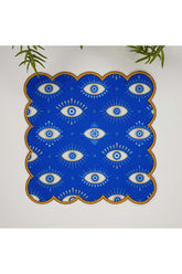 Mavi Zemin Soyut Geometrik Gözler Tasarımlı Nakış Kenar Kumaş Kokteyl Peçetesi 1 Adet