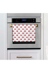 Laser Cut Oven Cover with Red Hearts Pattern on a White Background