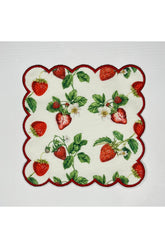 Kırmızı Nakışlı Çilek Bahçesi Desenli Dijital Baskılı, Kenarı Nakışlı Dekoratif Kokteyl Peçeteleri