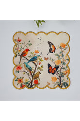 Digitally Printed Embroidered Cocktail Napkin with Birds and Butterflies on Branches Pattern