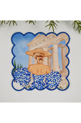 El Çizimi Mavi Elbiseli Kadın Tasarımlı Nakış Kenar Kokteyl Peçetesi 1 Adet