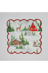 Kış Manzaralı Geyik Ev ve Ağaç Desenli Etrafı Nakışlı Kokteyl Peçetesi