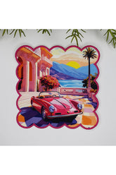 Pink Classic Vehicle Sunset Design Embroidered Edge Cocktail Napkin 1 Piece
