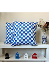 Kırlent Kılıfı Eskitme Efektli Mavi Dama Desenli Dijital Baskılı