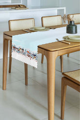 Laser Cut Elegant Runner with Pastel Blue Sky Winter Concept Happy People Town Design