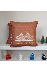 Cinnamon Color Warmest Wishes Slogan and House Patterned Cushion Cover