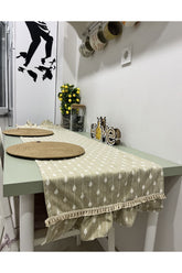 El Yapımı Bej Renk Nakış Işlemeli Fırfırlı Şerit Detaylı Pinterest Stili Runner