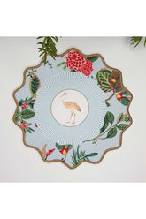 Pastel Blue Ground Botanical Flowers and Stork Design Embroidered Edge Fabric Cocktail Napkin 1 Piece