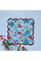 Embroidered Crisp Floral Digital Printed Decorative Cocktail Napkins with Red Embroidered Edges