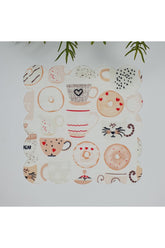 El Çizimi Pastel Renk Fincan Kedi Desenli Lazer Kesim Kumaş Kokteyl Peçetesi 1 Adet