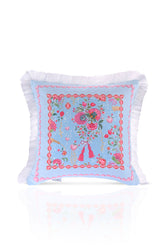 Love Bloom Kalpli Mavi Renkli Çiçekli Saçaklı Kadife Kırlent Kılıfı - 43x43cm