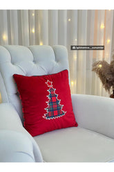 Kırmızı Kadife Kumaş Aplike Nakış Çam Ağacı Desenli Yılbaşı Kırlent Kılıfı
