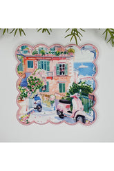 Watercolor Italy Street Design Embroidered Edge Cocktail Napkin 1 Piece