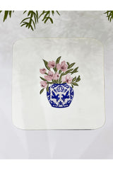 Pink Flower Vase Patterned Fabric Cocktail Napkin Washable Laser Cut