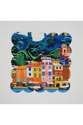 Soyut Sahil Kasaba Temalı  Desenli Dijital Baskılı Lazer Kesim Kokteyl Peçetesi