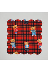 Digitally Printed Cocktail Napkin with Plaid Background and Teddy Bear Pattern