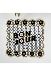 Bee Theme Designed Bonjour Slogan Embroidered Edge Fabric Cocktail Napkin 1 Piece