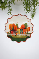 Autumn Town View Design Embroidered Edge Fabric Cocktail Napkin 1 Piece