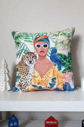 African Woman and Cheetah Tropical Pattern Digital Printed Cushion Cover - 43x43cm