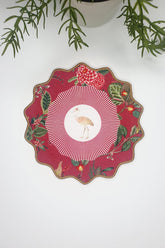 Botanical Flower and Stork Designed Burgundy Embroidered Edge Fabric Cocktail Napkin, 1 Piece