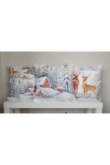 White Cushion Cover with Watercolor Deer and Snow Pattern