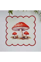 Watercolor Mushroom Patterned Embroidered Edge Fabric Cocktail Napkin 1 Piece