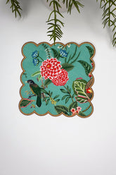 Mint Ground Embroidered Edge Cocktail Napkin with Botanical Flowers and Bird Design, 1 Piece