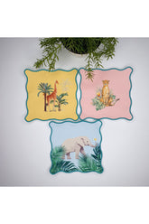 Karışık Hayvan Baskılı Zürafa Çita Fil Tasarımlı Nakış Kenar Kokteyl Peçeteleri 3 Adet Set